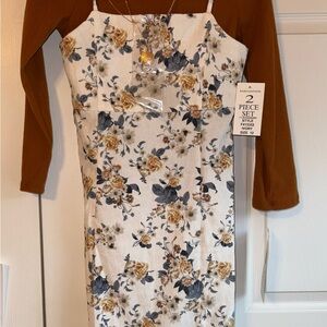 Rare Editions Brown and Floral Long Sleeve Dress w/ necklace
